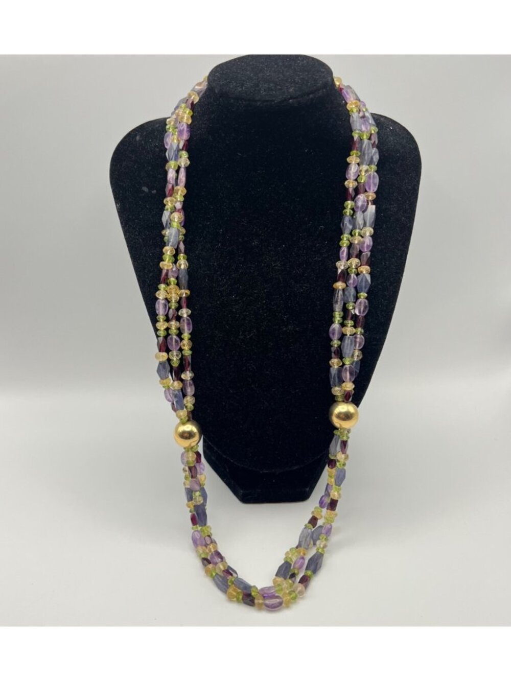 Multistrand Gemstone Necklace Amethyst Peridot Garnet Citrine Iolite Gold-Tone